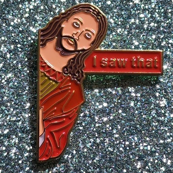 3/$20 Jesus I SAW THAT Looking Around Corner Funny Religious Enamel Pin - Picture 1 of 2